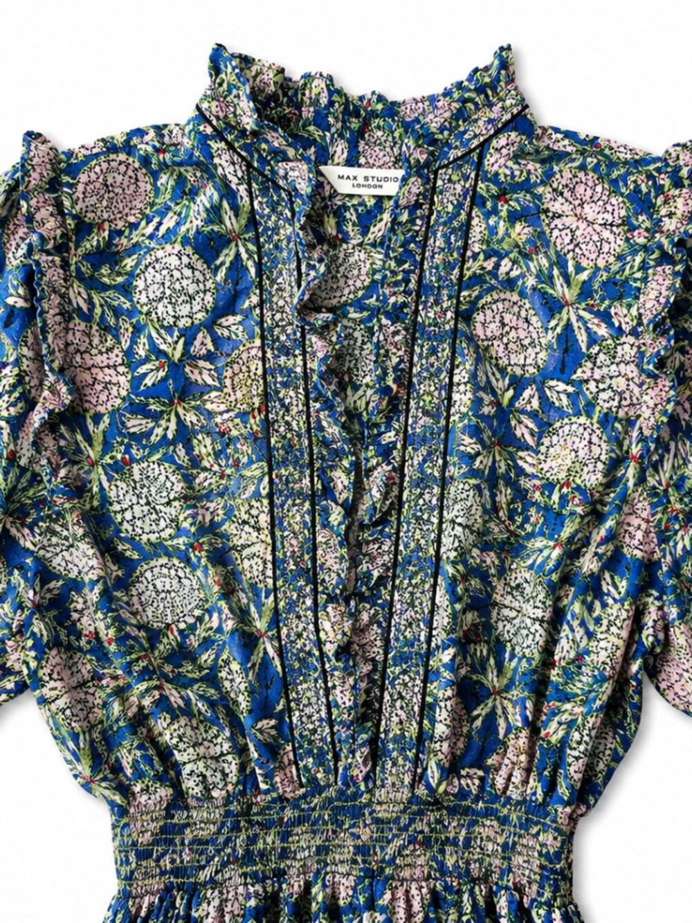 Max Studio London Floral Maxi Dress Blue Green Boho Tiered Ruffle Smocked Waist - Picture 2 of 6